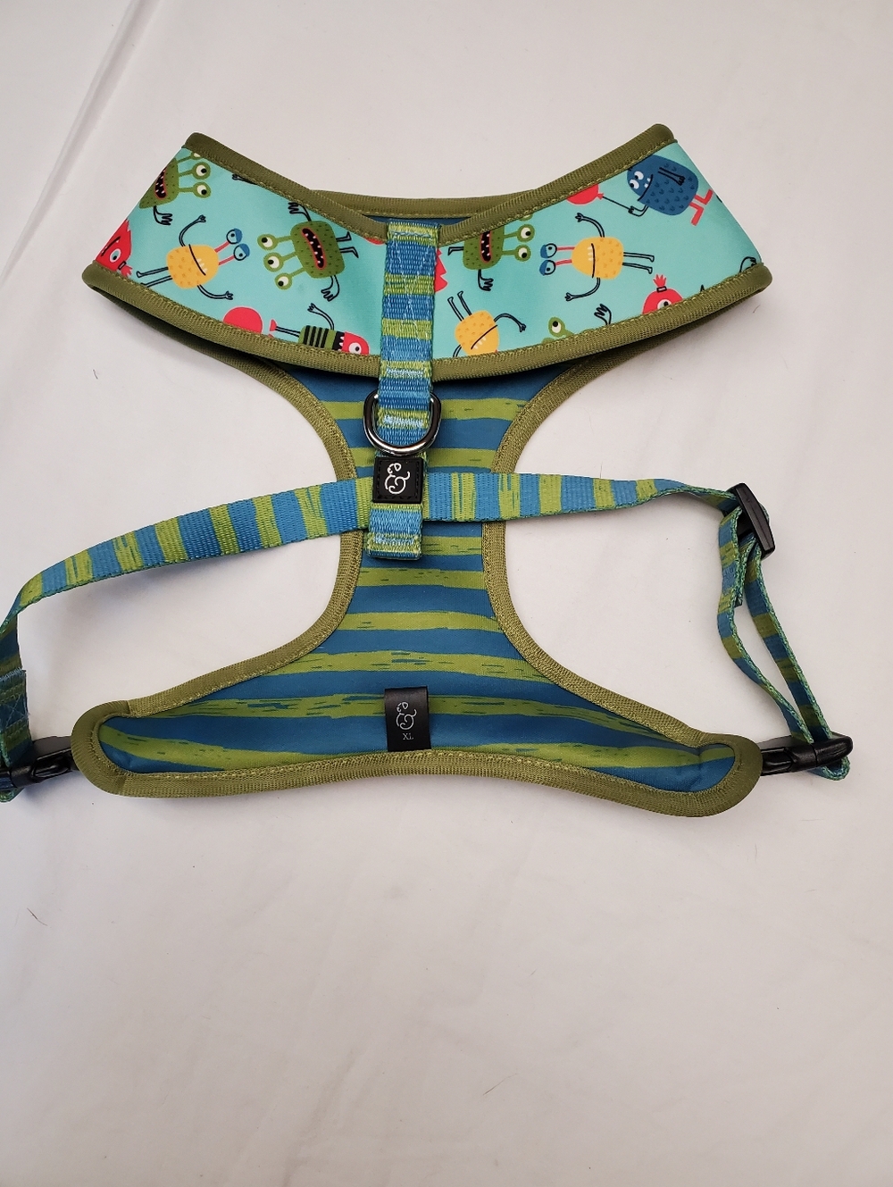 Lucy & Co Dog Harness XL Cute Monster Print Adjustable Pet Harness Blue Green